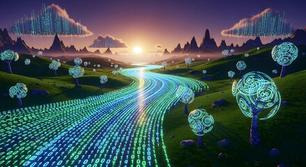Surreal landscape of binary code streams flowing like rivers into a green valley.