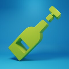 Green Opened bottle of wine icon isolated on blue background. Minimalism concept. 3D render illustration