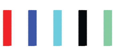  A colorful collection of five vertical stripe banners in red, blue, cyan, black, and light green, each with a rough, textured brushstroke effect on a clean white background.