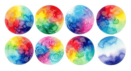 Vibrant Watercolor Spheres: Eight colorful spheres display artistic blend of vivid hues and intricate textures, exuding a sense of abstract beauty.