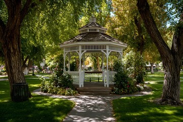 Obraz premium Gazebo sits in a bright park with trees path and grass clear for banners wide view