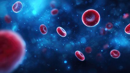 Red blood cell cluster floating blue bloodstream microscopic view glowing particles medical science healthcare infection pathogen vibrant dynamic biological energetic digital background