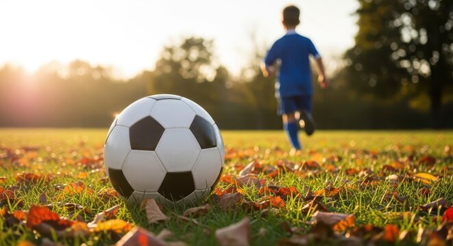 Soccer Ball on Autumn Field with Boy Running - Powered by Adobe