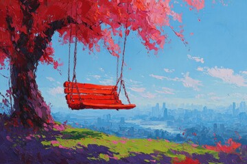 Colorful Pixel Art Swing Under Scenic Tree