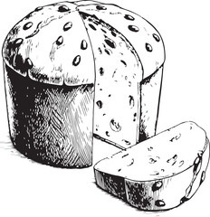 Panettone Easter Cake Vector Illustration, Sketch Drawing Line Linear Symbol Icon Engraving Coloring Book, Hand-drawn Doodle Black and White Isolated