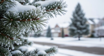 Snow-Covered Pine Tree Branches with Frost, Winter Landscape