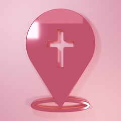 Obraz premium Pink Map pin church building icon isolated on pink background. Christian Church. Religion of church. Minimalism concept. 3D render illustration