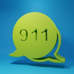 Green Telephone with emergency call 911 icon isolated on blue background. Police, ambulance, fire department, call, phone. Minimalism concept. 3D render illustration