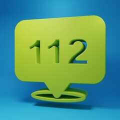 Green Telephone with emergency call 911 icon isolated on blue background. Police, ambulance, fire department, call, phone. Minimalism concept. 3D render illustration