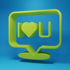Green Speech bubble with text I love you icon isolated on blue background. Valentines day. Minimalism concept. 3D render illustration