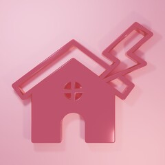 Pink House and lightning icon isolated on pink background. House with thunderbolt for house or property insurance symbol. Minimalism concept. 3D render illustration