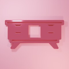 Pink TV table stand icon isolated on pink background. Minimalism concept. 3D render illustration