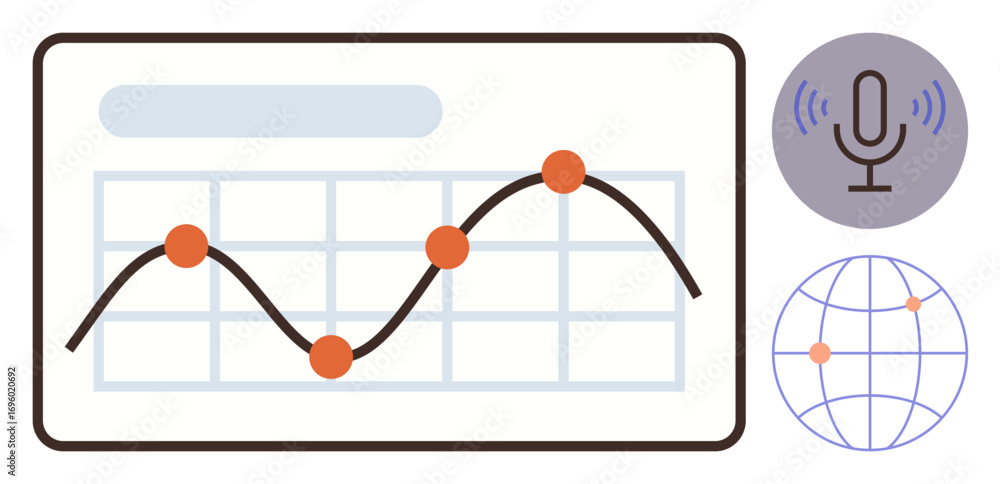 Aufkleber graph with data points and curve on a grid, microphone for audio input, globe for global reach. idea