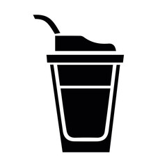 Disposable coffee cup with lid and straw &ndash; black silhouette, Vector illustration 