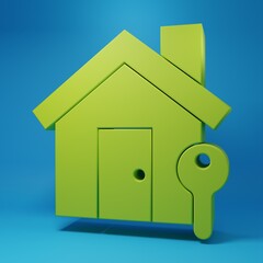 Green House with key icon isolated on blue background. The concept of the house turnkey. Minimalism concept. 3D render illustration
