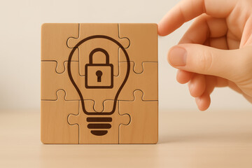 A hand holds a wooden puzzle piece featuring a light bulb and a lock symbol, representing ideas, security, and problem-solving.