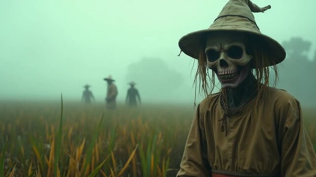 Spooky Scarecrow Figures in Foggy Field.