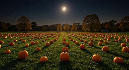 pumpkin patch under crescent moon, long shadows stretching across grass