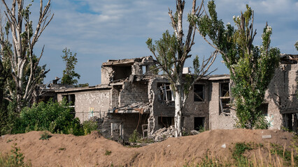 ruined street and destroyed houses the city Kiev war in Ukraine