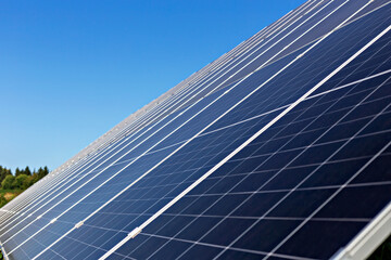 Solar panels. Solar panels capture sunlight efficiently, surrounded by greenery and clear blue sky,...