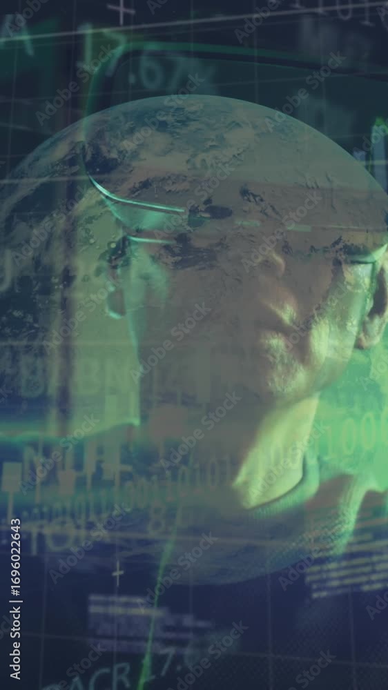 Aufkleber animation of data over asian male it engineer with vr headset by computer server