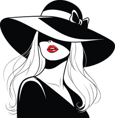 Elegant woman in black hat with red lips
