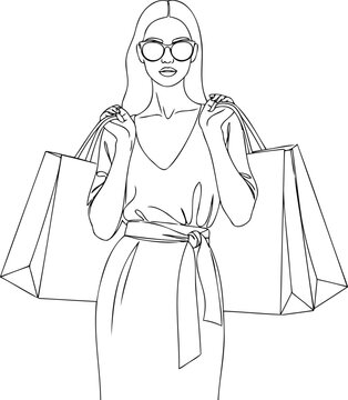 woman holding shopping bags line art clip art preview