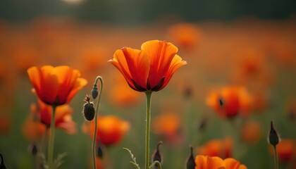 Obraz premium A field of orange poppies with the sun shining through them.