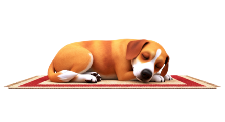 adorable 3d cartoon dog napping peacefully on a red and beige rug sweet dreams model, isolated on transparent background