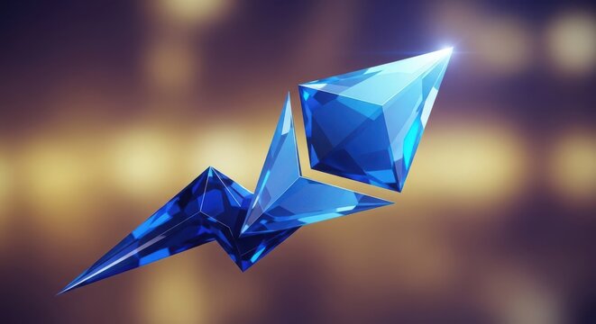 Abstract blue crystal shard shaped like a lightning bolt with bokeh background