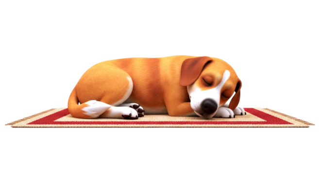 adorable 3d cartoon dog napping peacefully on a red and beige rug sweet dreams model, isolated on transparent background