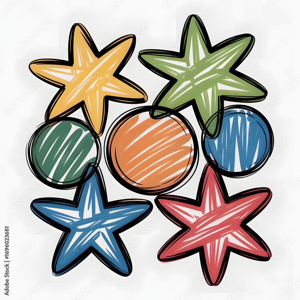 Aufkleber geometric shapes medley a playful arrangement of stars and circles in various colors, creating a dyn