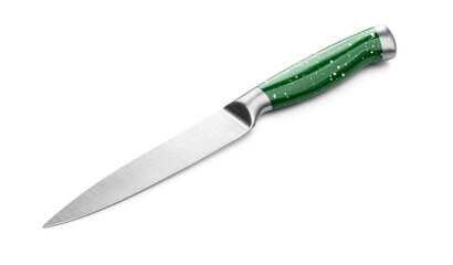 Kitchen knife on a white background. Metal kitchen knife with a metal handle.