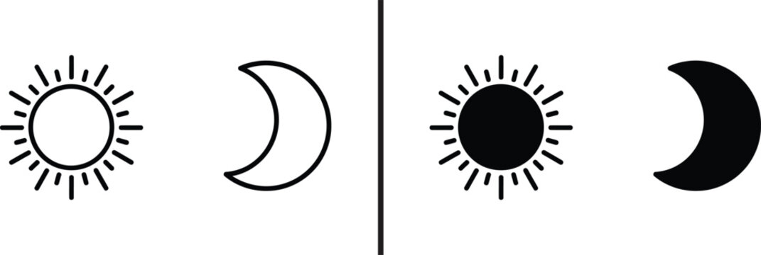 Day and Night Iconography: A clean and versatile design of the sun and moon, presented in both outline and solid black versions, symbolizing day and night or light and dark.