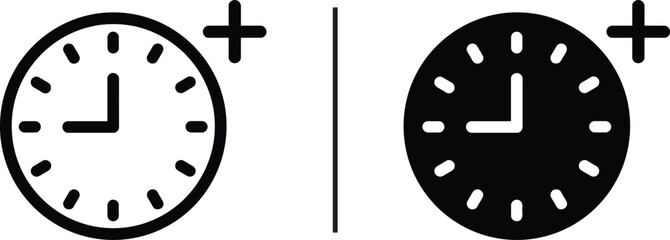 Clock plus Sign: A minimalist black and white illustration of a clock with a plus sign, perfect for concepts of time, scheduling and reminders.