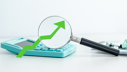 Green Arrow Up With Magnifying Glass Concept Of Income Or Profit, Business Concept