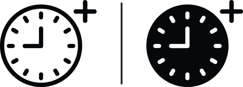 Clock plus Sign: A minimalist black and white illustration of a clock with a plus sign, perfect for concepts of time, scheduling and reminders.
