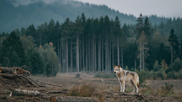 Wild wolf in a deforested area with cut trees. Lone animal in a clearcut forest