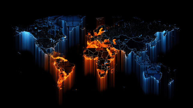 neon outline world map overlaying container port image global logistics visualization illustration concept scene visual for commercial design use high detail quality stock image illustration concept