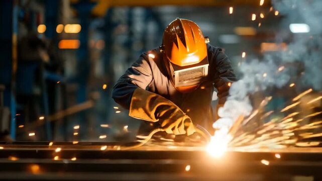 Industrial worker wearing protective gear performing welding tasks with sparks flying in a factory setting