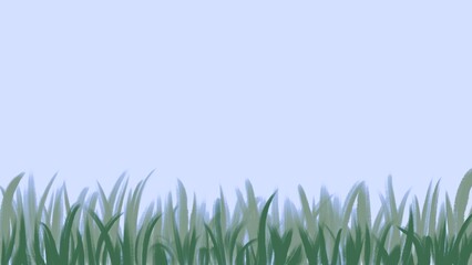 Fototapeta premium Vector Green Grass Illustration on Light Blue Sky Background, Spring, Summer Landscape, Nature, Minimalist Design