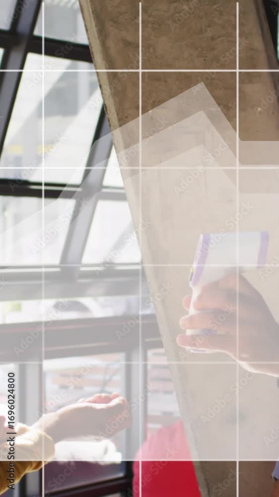 Poster animation of digital interface and graph over diverse couple in face masks at work using technology