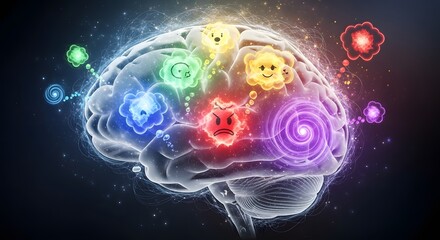 A neuro-scientific visualization of emotional intelligence, showing various feelings as glowing icons within a complex human brain