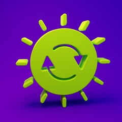 Green Solar energy panel icon isolated on purple-blue background. Sun with lightning symbol. Minimalism concept. 3D render illustration