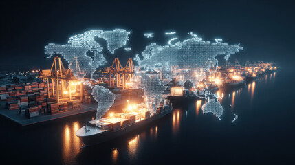neon outline world map overlaying container port image global logistics visualization illustration concept scene visual for commercial design use high detail quality stock image illustration concept