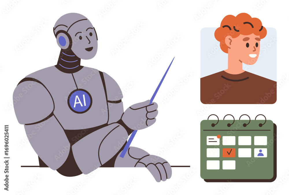 Poster ai robot using a pointer to explain a calendar schedule, human portrait connected to tasks, and mark