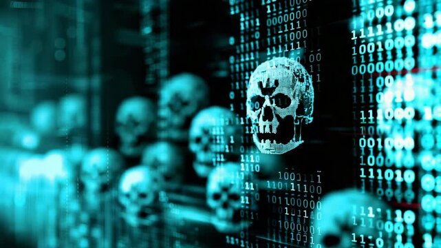 Digital representation of cyber threat with skull icons and binary code, highlighting online security risks and the importance of cybersecurity.