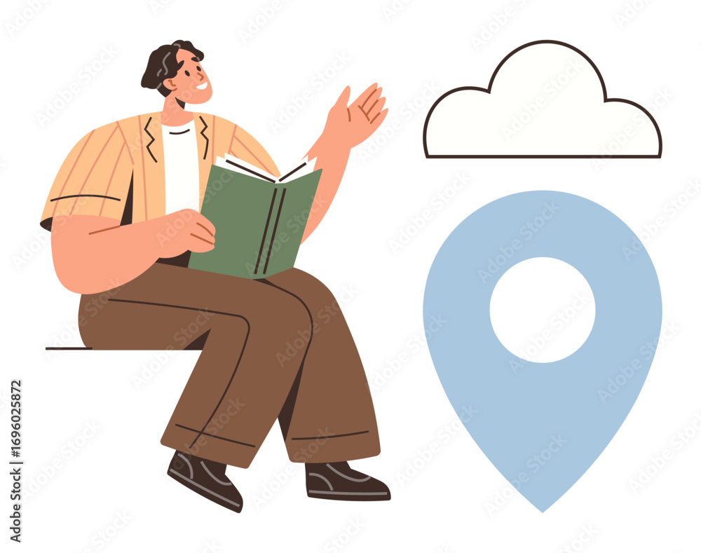Poster young man sitting with open book, gesturing thoughtfully near cloud and location marker. ideal for e
