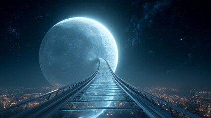 Futuristic bridge leading to giant moon at night