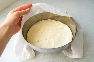 Woman Checking Rising Yeast Dough in Metal Bowl